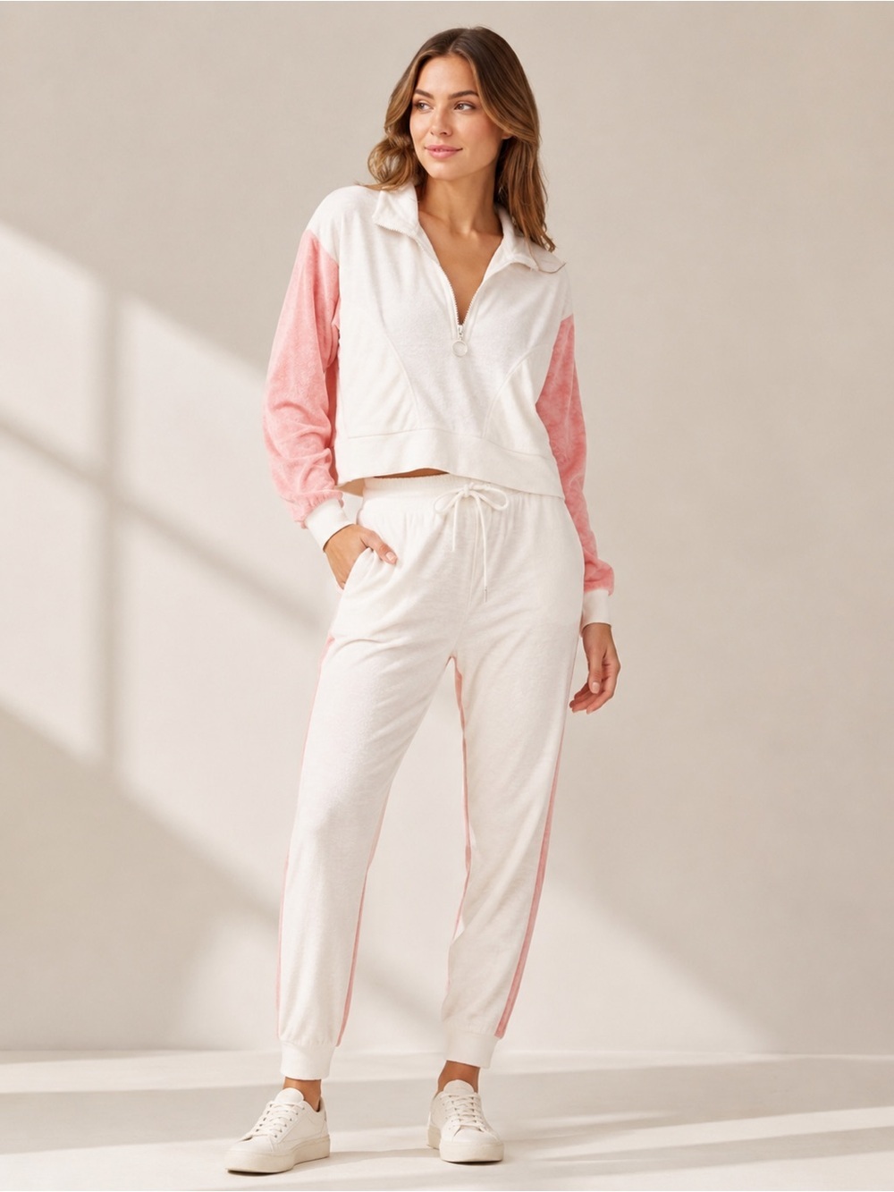 New Cozy Chic Cream & Blush Lounge Set | Half-Zip Pullover + Jogger Pants | Soft